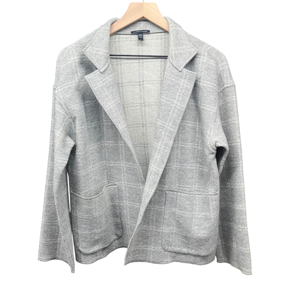 Eileen Fisher Plaid Wool Blend Oversized Jacket Cardigan Womens SMALL DARK PEARL